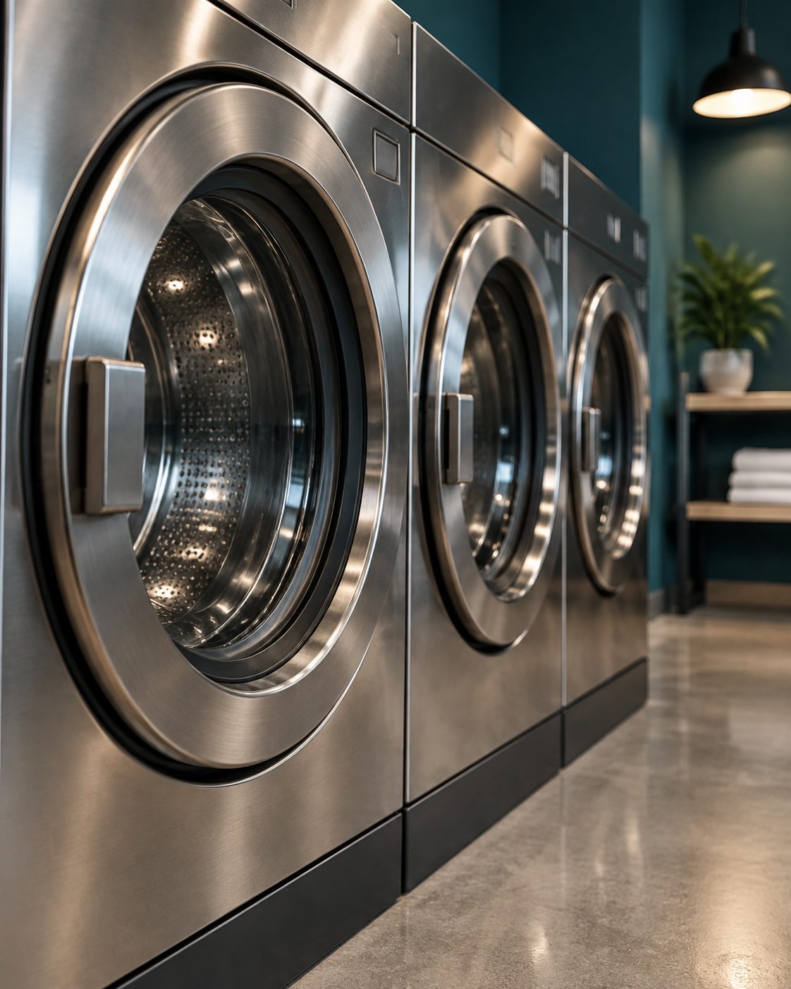 Illustration of large stainless steel washing machines against a deep teal wall